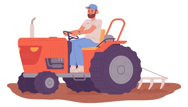 Vector man on tractor raking soil farm field worker