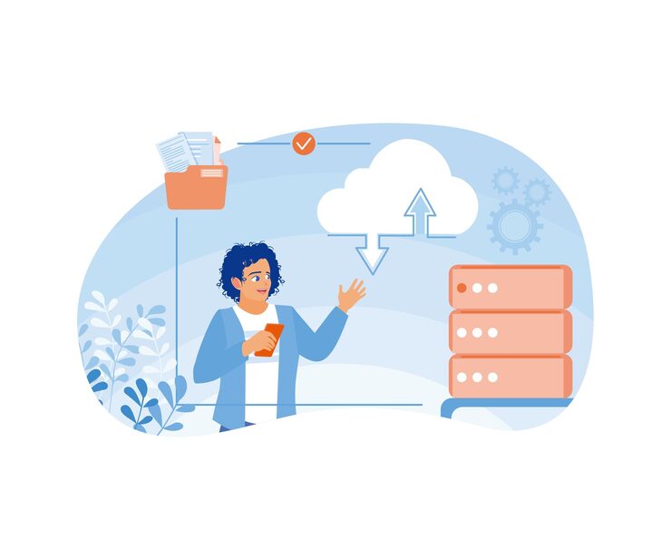 Vector man transfers data from cell phone to computer use software applications to store data could computing concept flat vector illustration