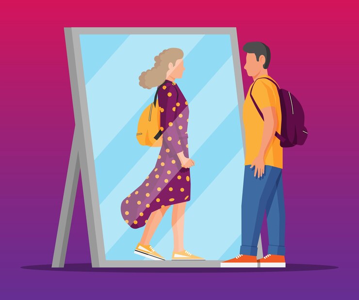 Vector man transgender looking in mirror and seeing woman. imaginary reflection, concept of transgenderism. boy and girl sexual orientation. lgbt pride, gender identity. cartoon flat vector illustration