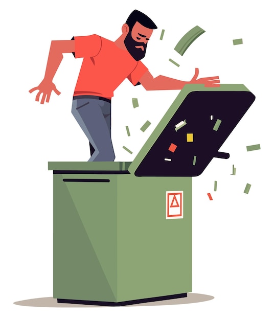 A man in a trash can with a bag of money in it.