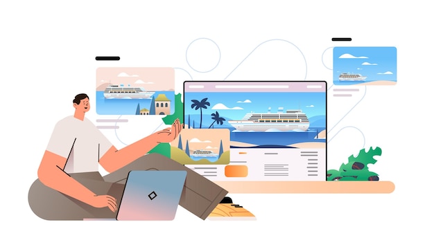 벡터 노트북 바다 크루즈 온라인 예약 여름 휴가 항해 개념 수평에 여객선을 선택하는 남자 여행자