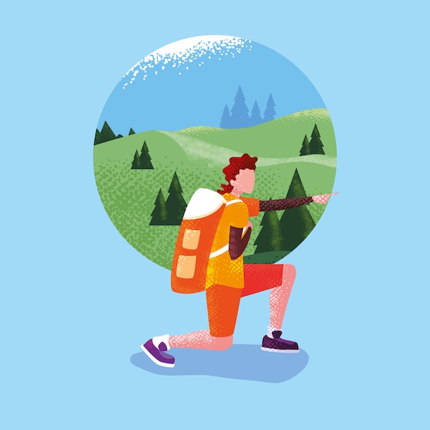 Vector man traveler in landscape mountainous scene nature