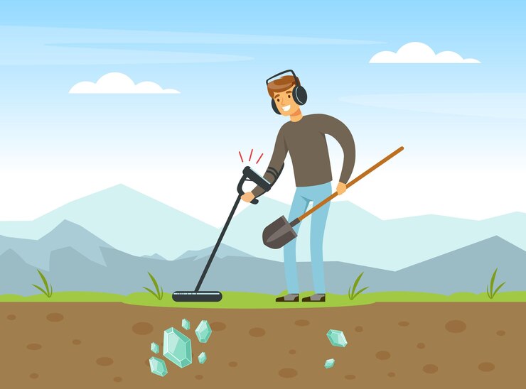 वेक्टर man treasure hunter with shovel and metal detector finding precious jewel vector illustration