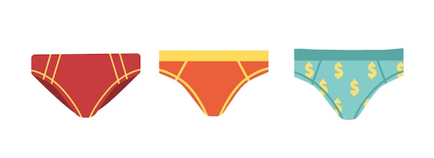 Man trunks set Kleding voor strand en zonnebaden Zomerkleding Rood oranje en blauwe onderbroeken Sjabloon lay-out en mock up Cartoon platte vector collectie geïsoleerd op witte achtergrond