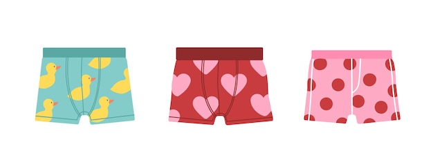 Man trunks set Wear for summer and hot weather sunbathing at beach and swimming pool Red pink and blue underpants Poster or banner Cartoon flat vector collection isolated on white background