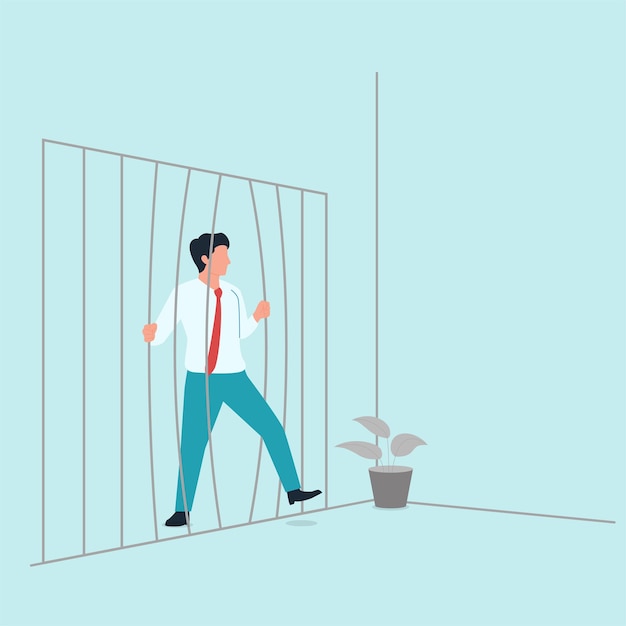 Man try to get out from comfort zone jail metaphor of escape from comfort zone