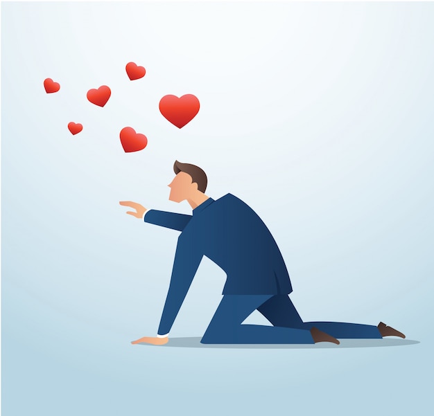 man trying to catch the red heart icon vector