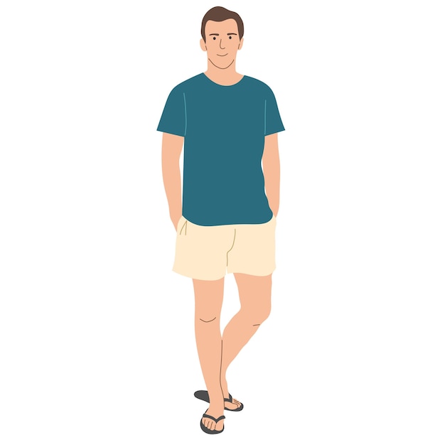 A man in a tshirt and shorts stands tall front view flat vector illustration