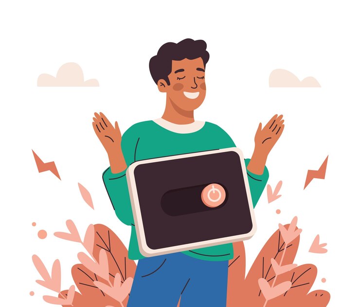 Vector man turning off tablet for digital detox break
