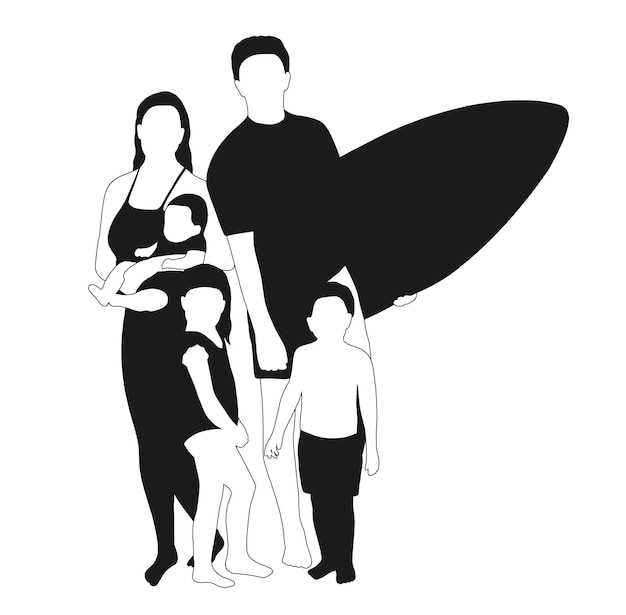 A man and two children are standing with a surfboard.