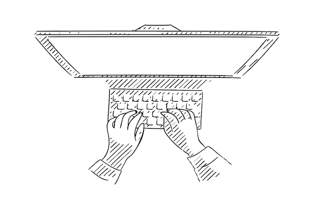 Man typing keyboard on computer sketch hand drawn business concept