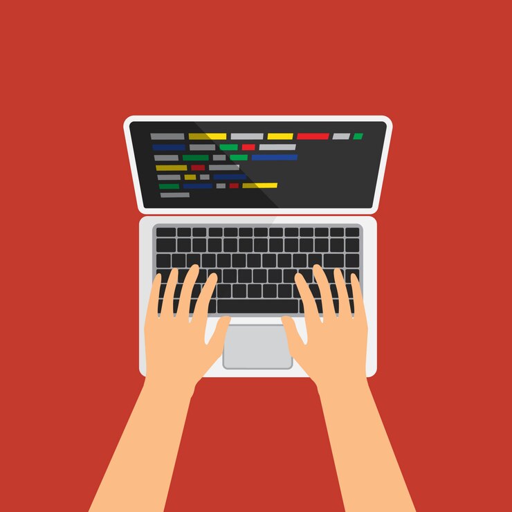 Vector man typing on the keyboard and making program code. white laptop with code on a display. web developer, design, programming. coding concept. isolated  illustration.