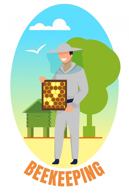 Vector man in uniform holding frame with bee honeycombs.