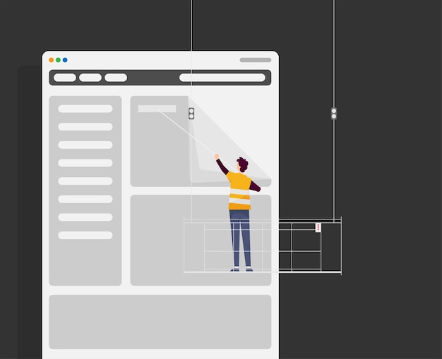 Vector man updates content on the site construction cradle flat vector