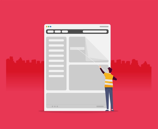 男はサイトのコンテンツを更新します 建設ゆりかごフラット ベクトル