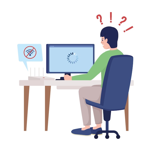 Man upset with no wifi semi flat color vector character sitting figure full body person on white home problem isolated modern cartoon style illustration for graphic design and animation