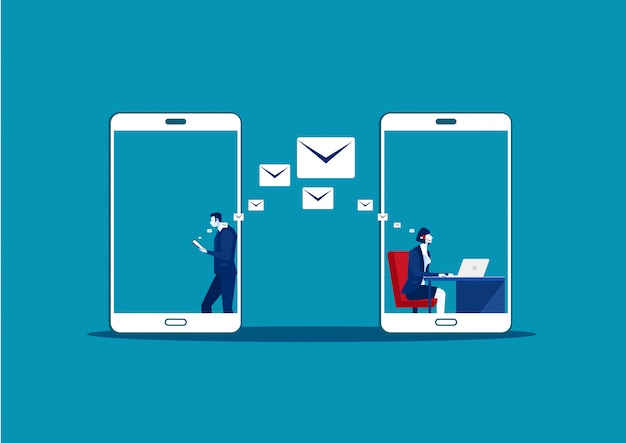Vector man use samrtphone online letter chatting make call center. social media communication, vector illustration