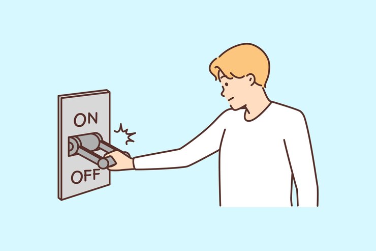 Vector 남자는 차단기를 사용하여 전기를 끄거나 인터넷 연결을 끊습니다.