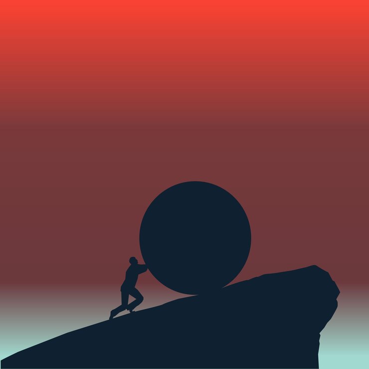 वेक्टर man uses his strength to push a big rock up the steep hillside in a silhouette illustration