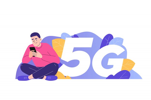 Человек с помощью 5g на смартфоне