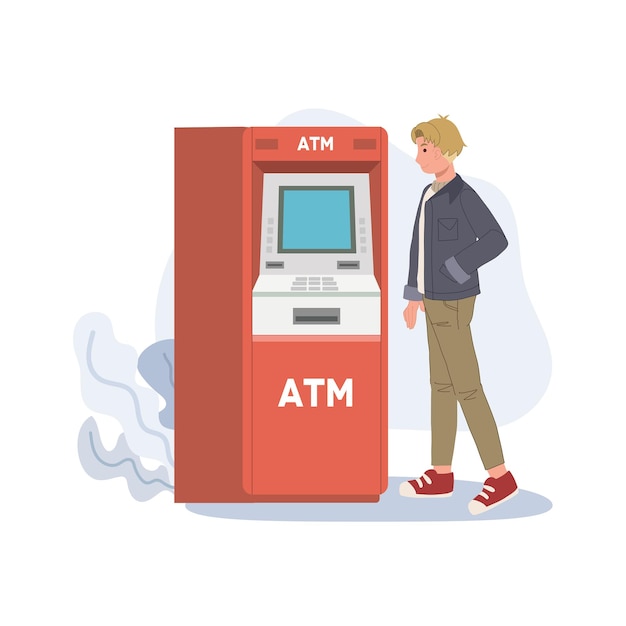 Uomo che usa l'atm per pagare o prelevare denaro contante uomo che aspetta vicino alla macchina automatica che guarda sul monitor illustrazione vettoriale