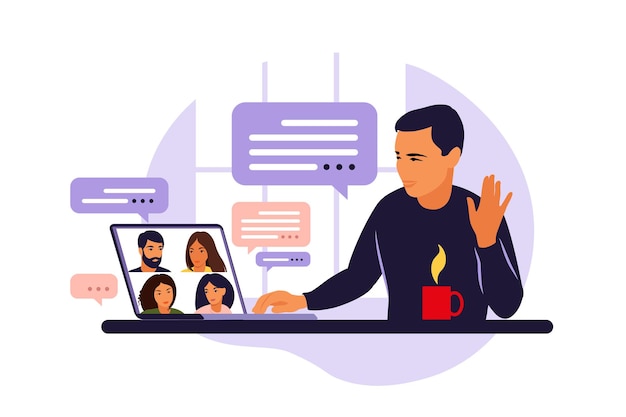 Uomo che utilizza il computer per riunioni virtuali collettive e videoconferenze di gruppo. uomo al desktop in chat con gli amici in linea. videoconferenza, lavoro a distanza, concetto di tecnologia.