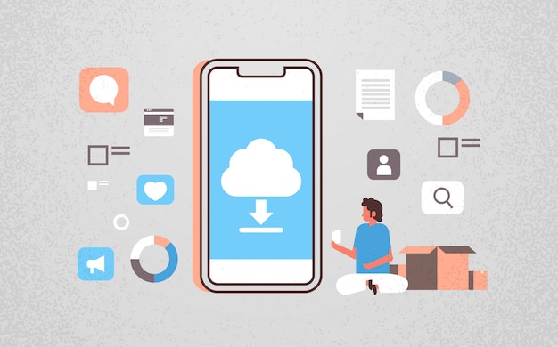 Uomo che utilizza l'applicazione mobile di sincronizzazione cloud di elaborazione