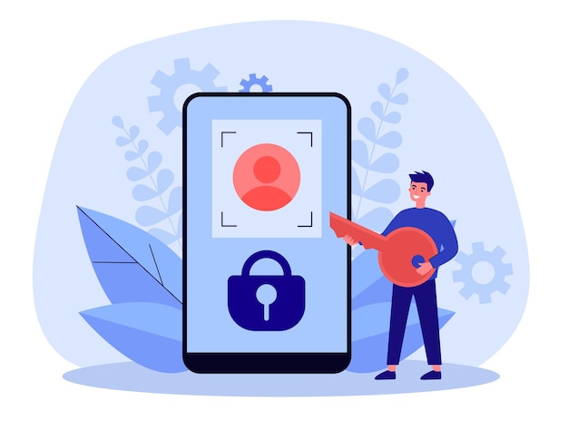 Man using face recognition to access mobile phone. Tiny person holding key flat vector illustration. Biometric identification, verification concept for banner, website design or landing web page