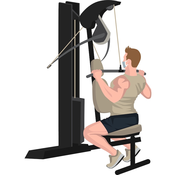 Vector man using fitness equipment for building his chest and arm muscles