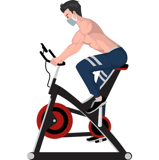 Vector man using fitness vertical bike for building his legs muscles