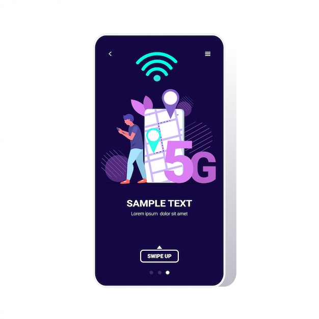 스마트 폰 화면에 Gps 네비게이터를 사용하는 사람 모바일 앱 5g 온라인 커뮤니케이션 다섯 번째 혁신적인 인터넷 연결 세대