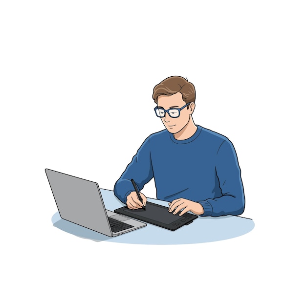 Man Using Graphics Tablet and Laptop for Digital Art