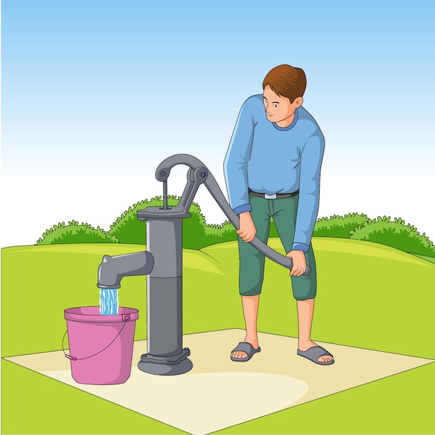 Vector man using hand pump graphic vector illustration