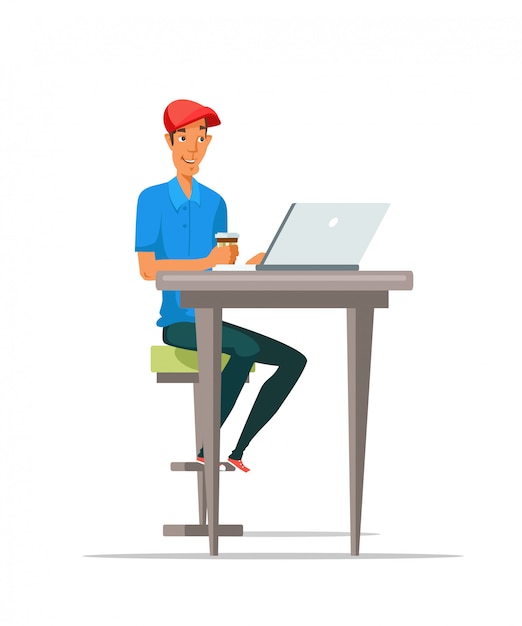 Man using laptop and drinking coffee flat illustration