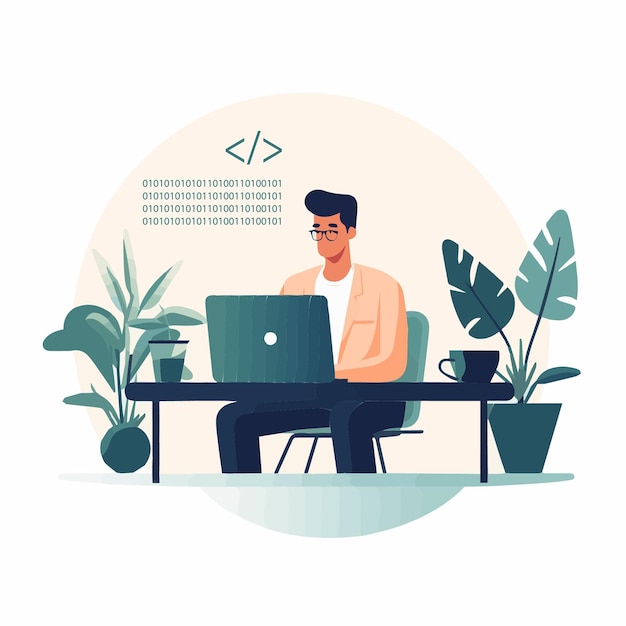 Man using laptop at home vector illustration