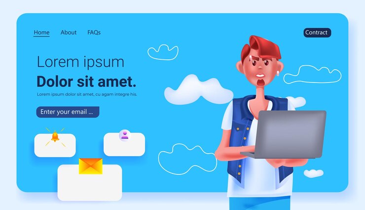 Vector man using laptop social media network online communication concept portrait