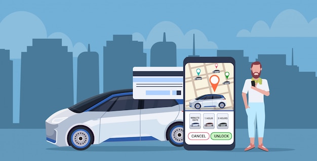 Vettore uomo che utilizza l'applicazione mobile online pagando per il taxi car sharing concetto smartphone schermo con la mappa della città trasporto car sharing servizio app integrale