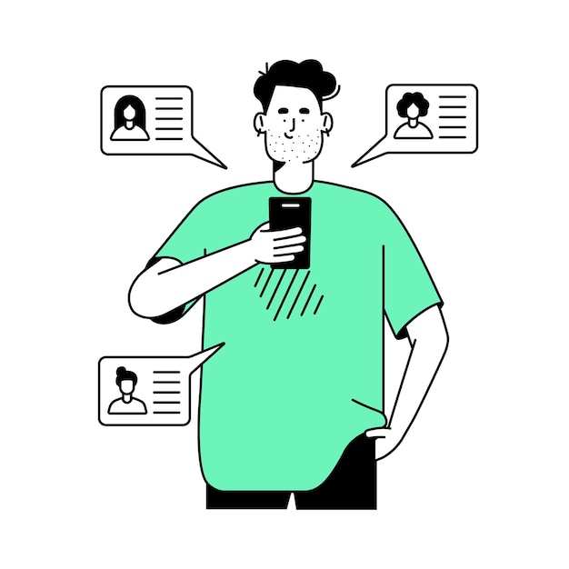 Мужчина с помощью мобильного приложения для знакомств смотрит профили контактов девушек Человек со смартфоном общается онлайн в приложении мессенджера Парень с телефоном Плоская векторная иллюстрация на белом фоне
