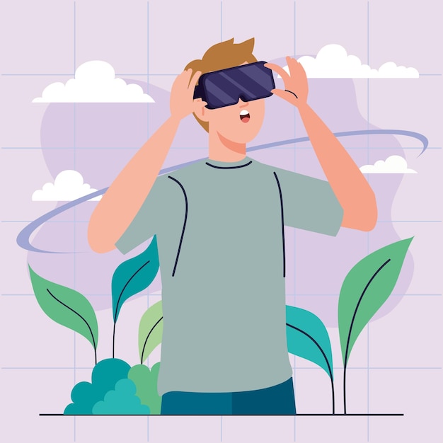 Man using reality virtual mask technology device with leafs