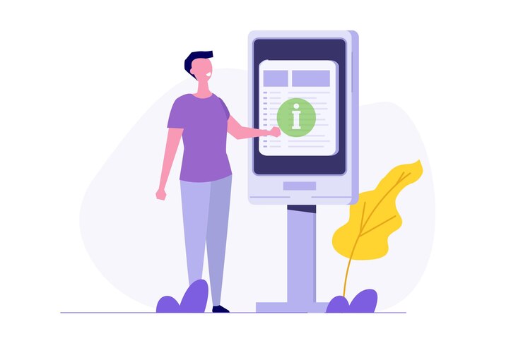 Vector man using self service terminal interactive information kiosk concept flat vector illustration for banner website landing page flyer