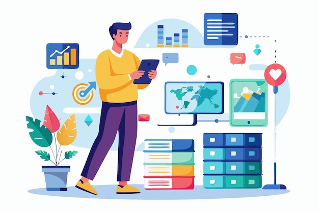 a man using a smartphone to process data with visual analytics a man uses his smartphone to maintain big data applications process data manage databases and create flat illustrations