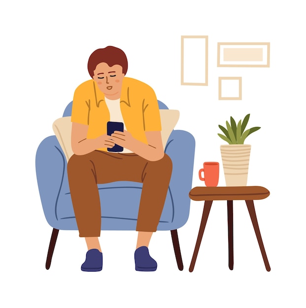 Vector man using smartphone remote work chatting in social media boy sitting in chair at home and looks in phone gadget addiction vector concept