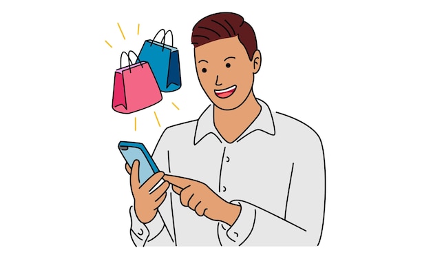 Vector man using smartphone for shopping online