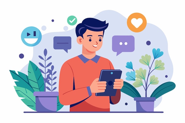 man using tablet for social media promotion in front of potted plant man using mobile phones for social media promotion simple and minimalist flat vector illustration