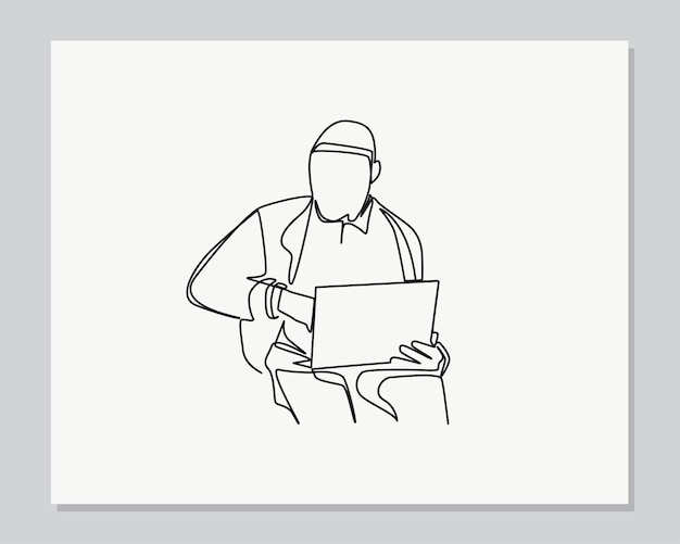 Man using wristwatch and laptop continuous one line illustration