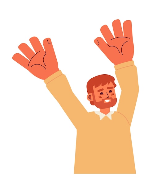 Man verhogen handen omhoog semi-egale kleur vector karakter Vrolijke blanke jongen Bewerkbare halve lichaam persoon op wit Eenvoudige cartoon plek illustratie voor web grafisch ontwerp