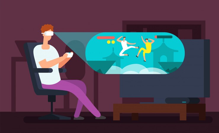 Vector man videogamer sitting in armchair and playing virtual game using vr headset vector illustration