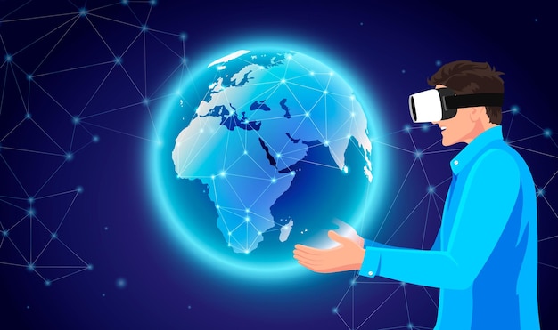 Vettore l'uomo nella realtà virtuale in occhiali 3d tiene la terra simulata nelle mani vr concetto di gioco auricolare simulazione digitale dello spazio mondiale metaverse sfondo tecnologico innovativo illustrazione vettoriale