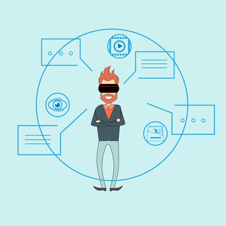 Vector man virtual reality digital glasses sketch background 
