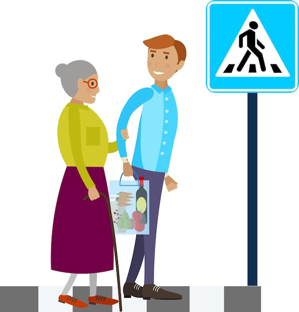 Vector man volunteer helping old woman carrying purchases and crossing road vector icon isolated on white